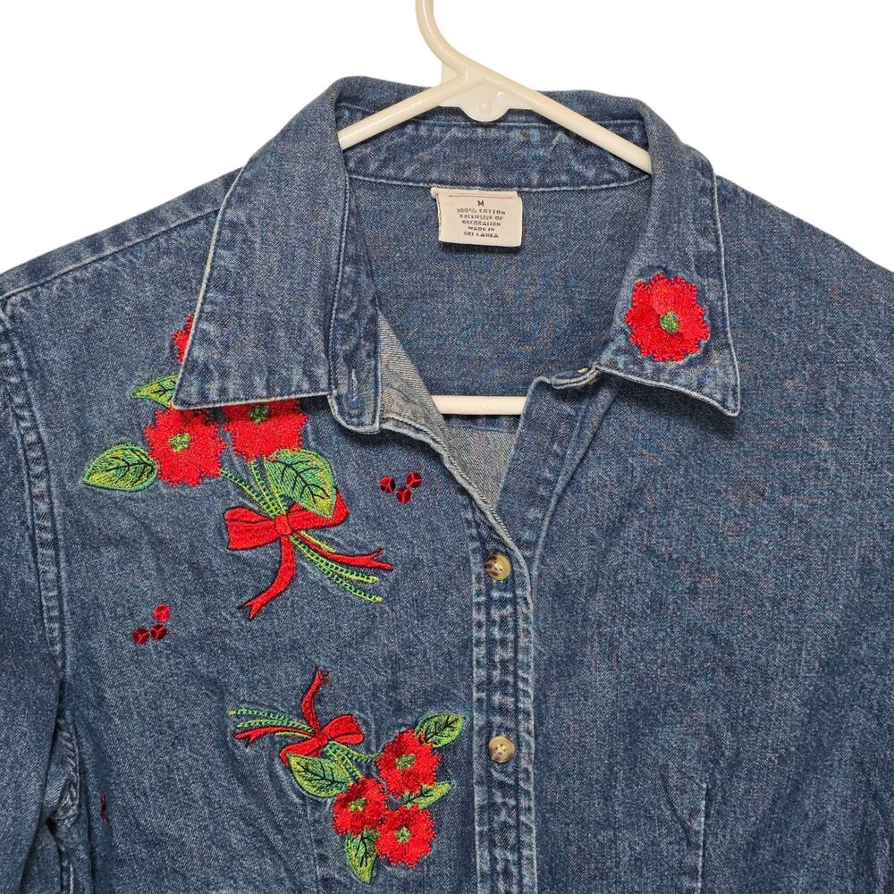 Westbound Womens Shirt Denim Top Red Flowers Embroidery Holiday School Sz M - Picture 3 of 8